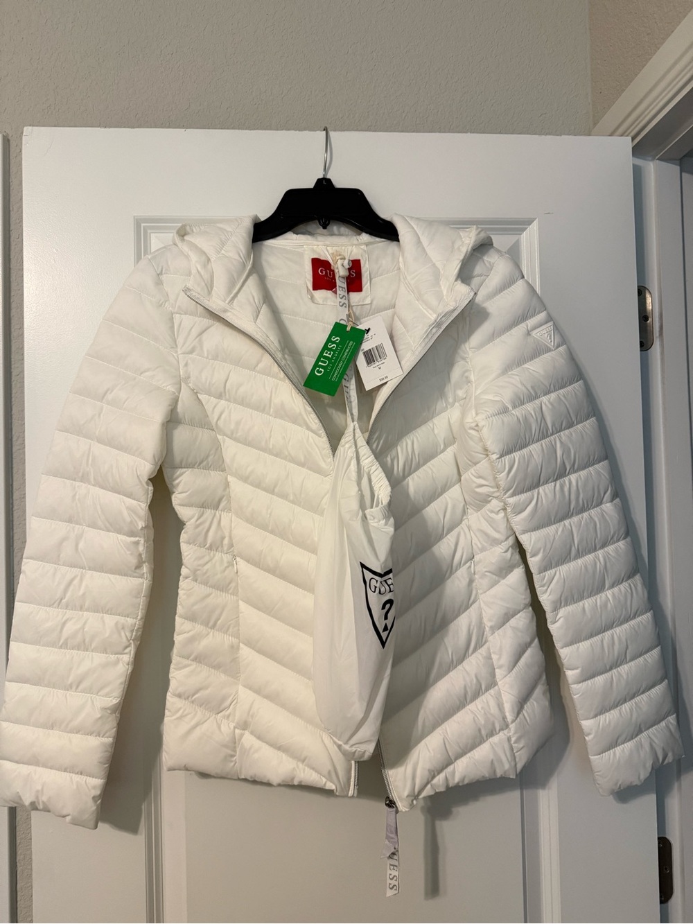 GUESS White Quilted Hooded Lightweight Puffer Jacket